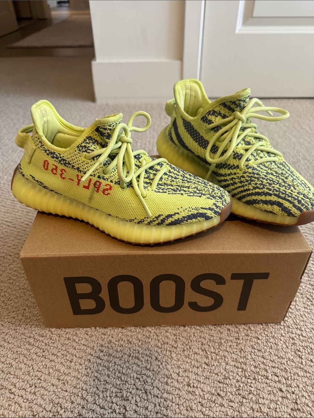 Yeezy Boost 350 V2 Neon Yellow with Black Stripe and Red SPLY-350 size 5.5